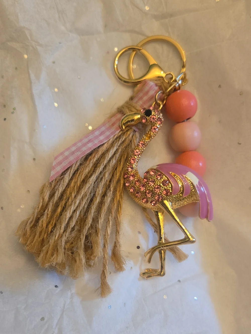 Source Unknown Pink and Gold Flamingo Tassel Keychain